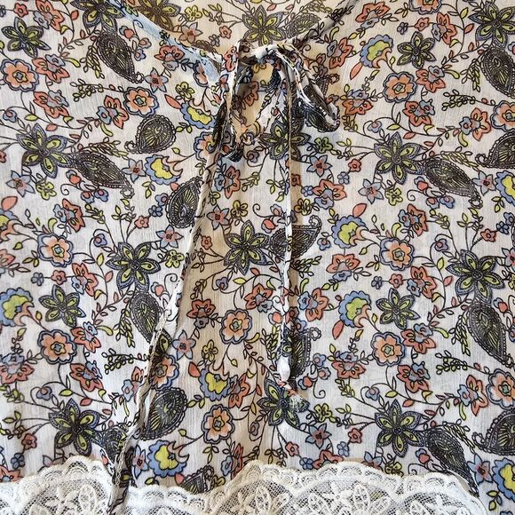 Hint of Mint Cream Blue Orange Floral Print Bell Sleeve Sheer Lace Insets XL - Picture 7 of 9